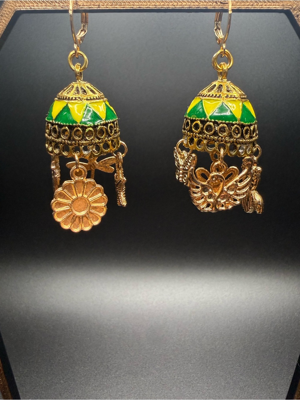 Gold-Tone Green & Yellow Enamel Jhumka Earrings with Charms, bell dome shaped.